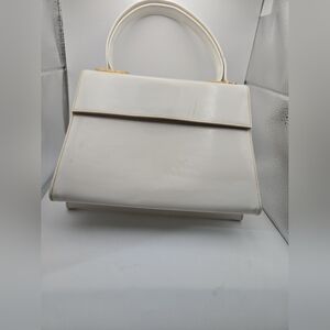 Vintage Block White Patent Leather Top Handle Purse | Retro Structured Handbag